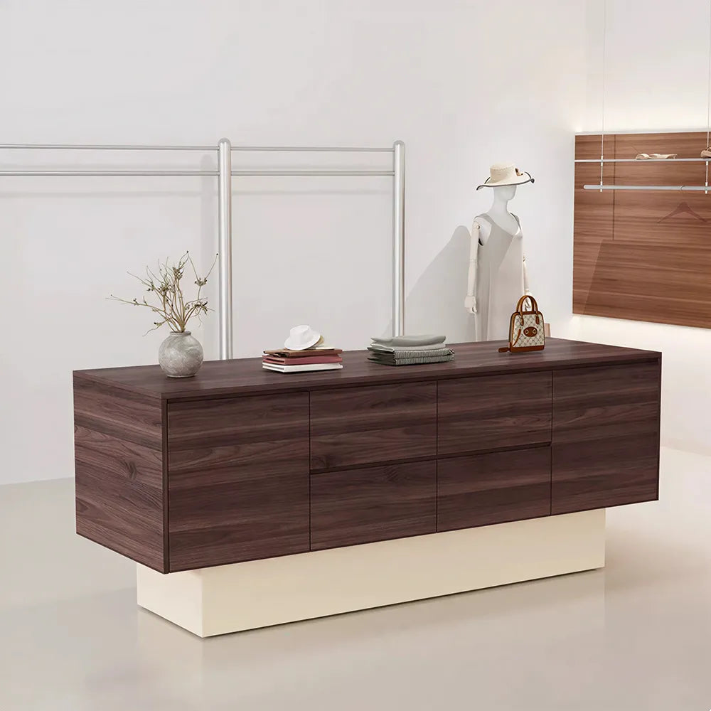 LIVARA 120/180cm Retail Island Display Cabinet with Multi-Drawer Storage for Clothing Store - Walnut & Cream Base