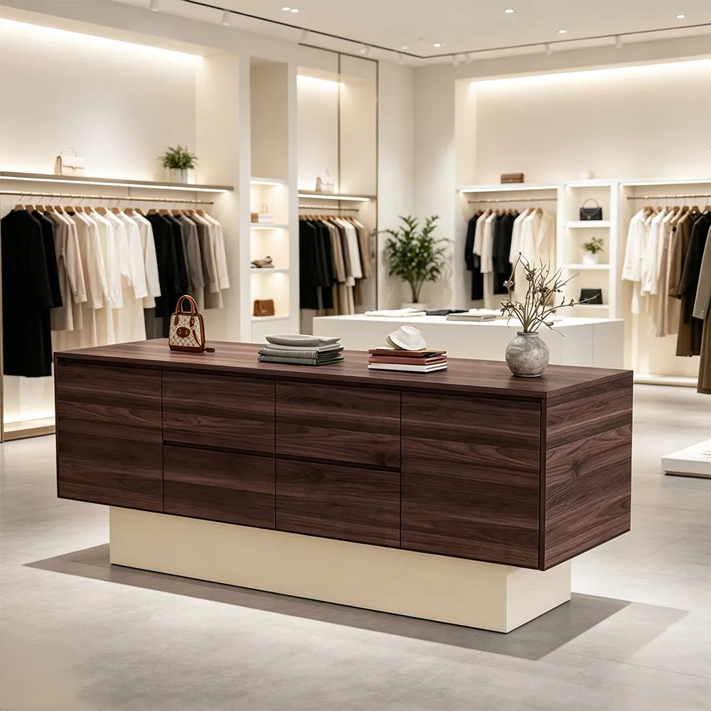 LIVARA 120/180cm Retail Island Display Cabinet with Multi-Drawer Storage for Clothing Store - Walnut & Cream Base