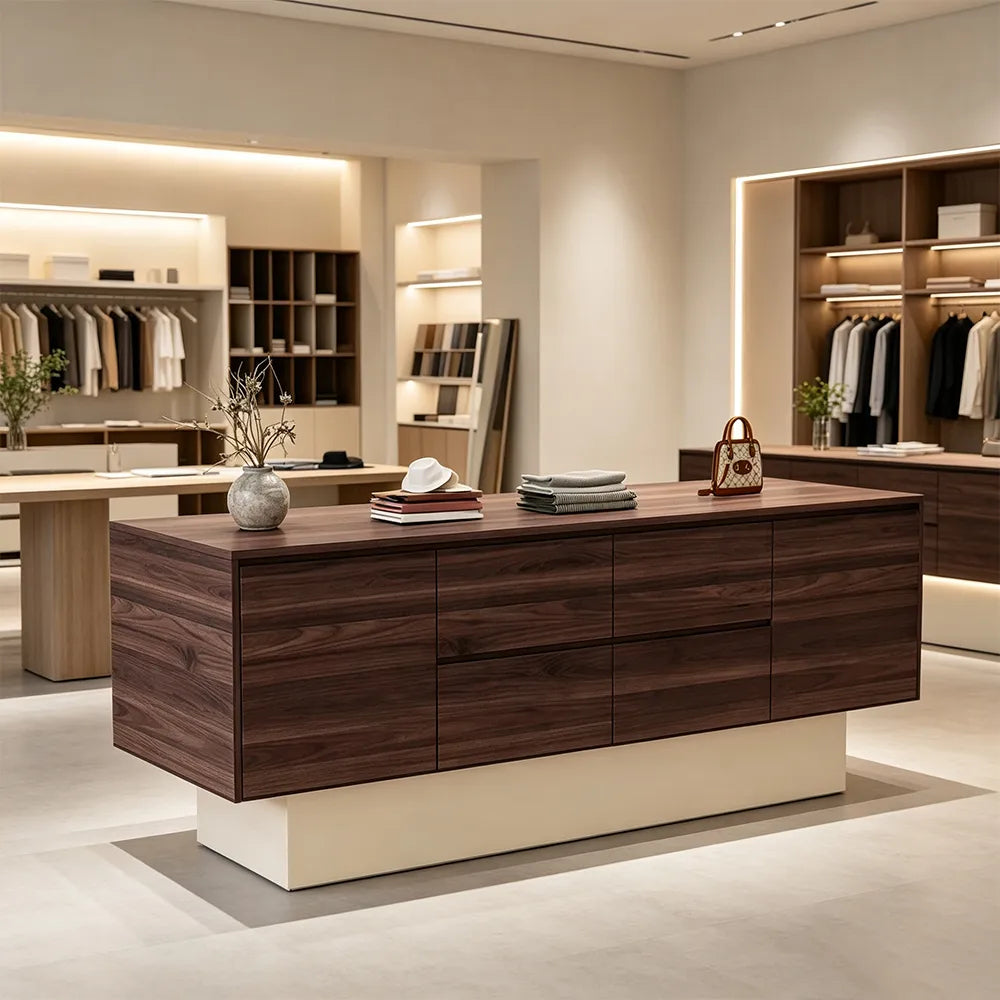 LIVARA 120/180cm Retail Island Display Cabinet with Multi-Drawer Storage for Clothing Store - Walnut & Cream Base