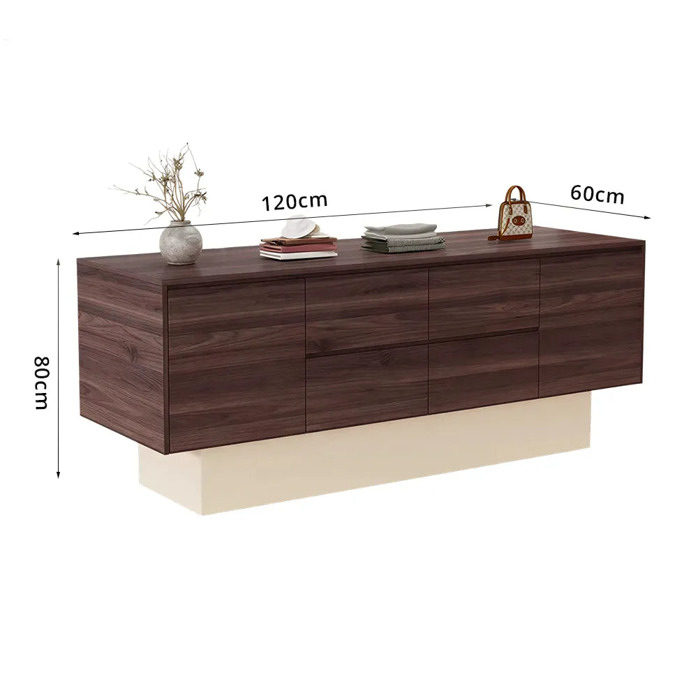 LIVARA 120/180cm Retail Island Display Cabinet with Multi-Drawer Storage for Clothing Store - Walnut & Cream Base