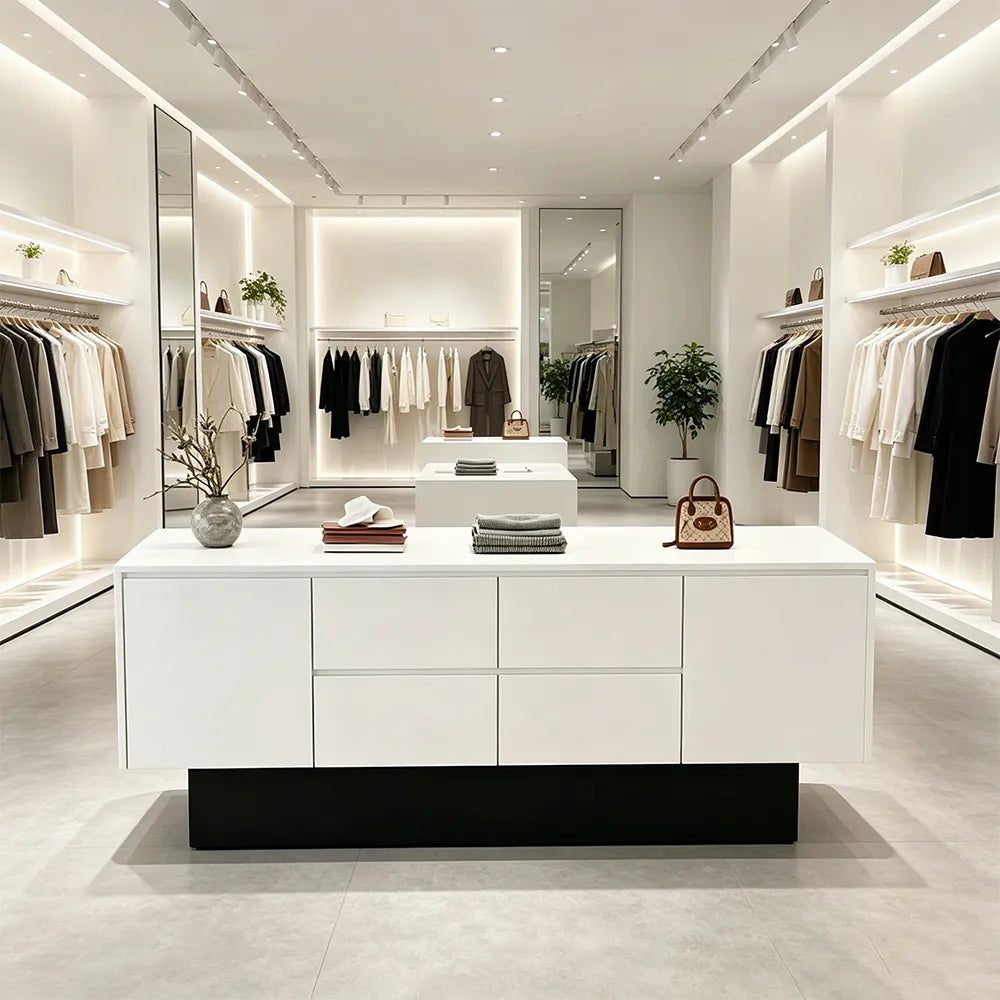 LIVARA 120/180cm Retail Island Display Cabinet with Multi-Drawer Storage for Clothing Store - White & Black Base