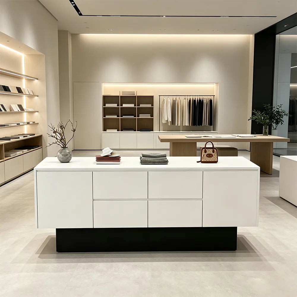 LIVARA 120/180cm Retail Island Display Cabinet with Multi-Drawer Storage for Clothing Store - White & Black Base