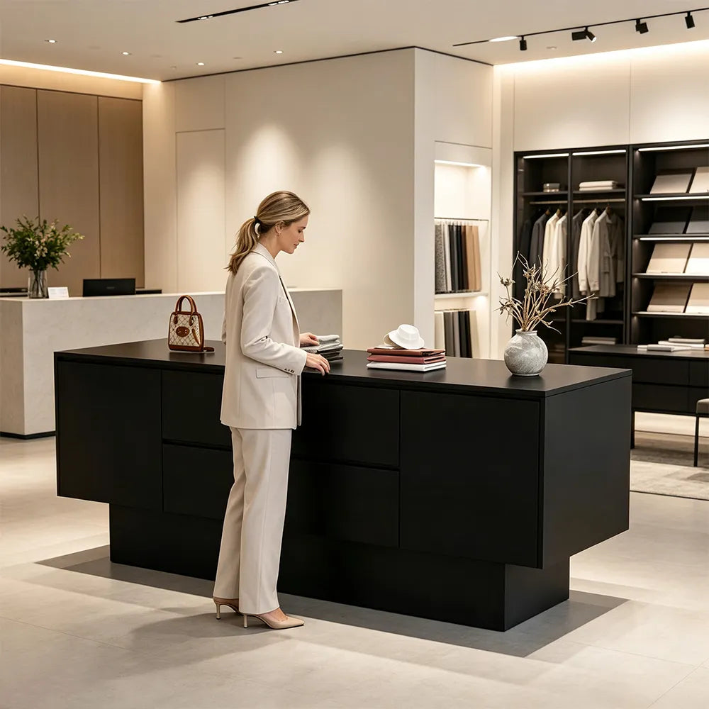 LIVARA 120/180cm Retail Island Display Cabinet with Multi-Drawer Storage for Clothing Store - All Black