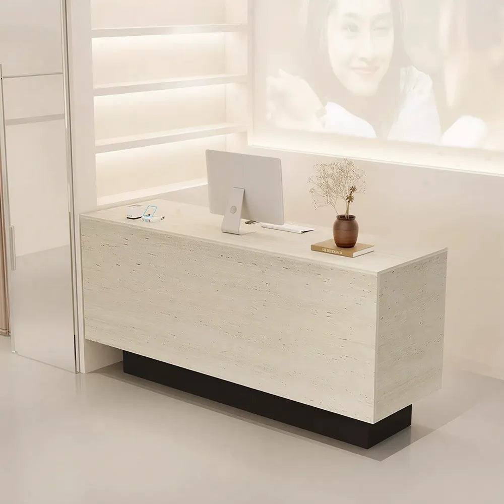 LIVARA 120/180cm Reception Counter with Multi-Compartment Storage for Retail Store and Salon - Travertine & Black Base