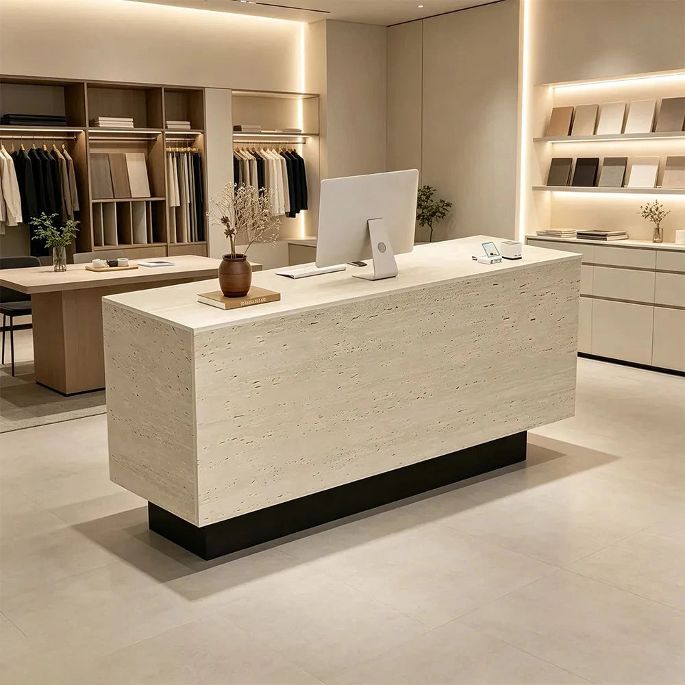 LIVARA 120/180cm Reception Counter with Multi-Compartment Storage for Retail Store and Salon - Travertine & Black Base
