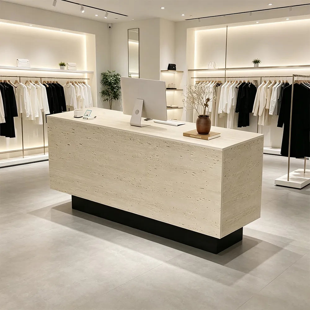 LIVARA 120/180cm Reception Counter with Multi-Compartment Storage for Retail Store and Salon - Travertine & Black Base