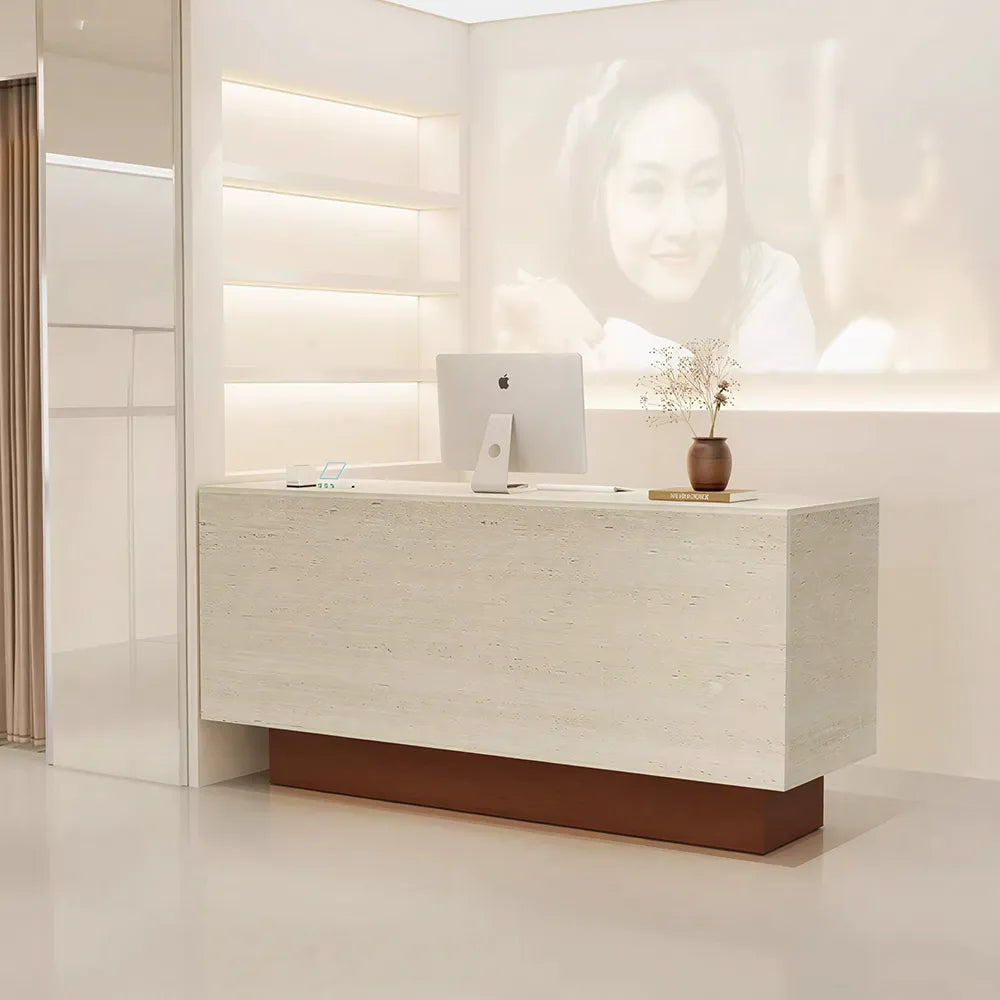 LIVARA 120/180cm Reception Counter with Multi-Compartment Storage for Retail Store and Salon - Travertine & Wood Base