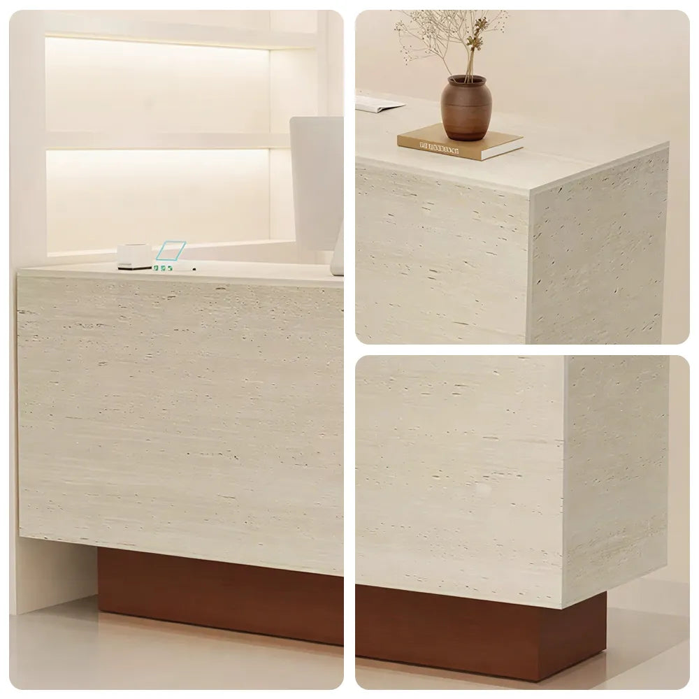 LIVARA 120/180cm Reception Counter with Multi-Compartment Storage for Retail Store and Salon - Travertine & Wood Base