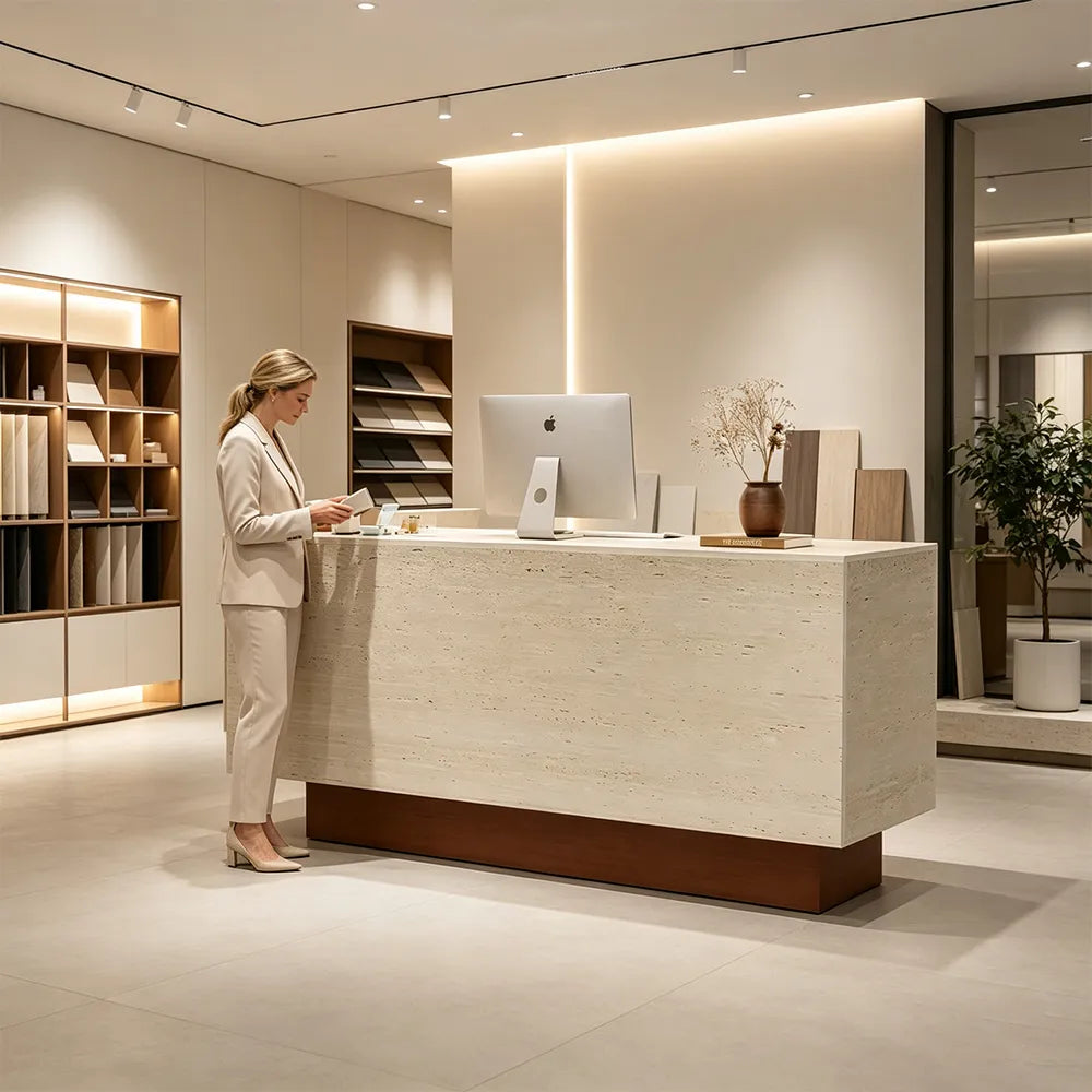 LIVARA 120/180cm Reception Counter with Multi-Compartment Storage for Retail Store and Salon - Travertine & Wood Base