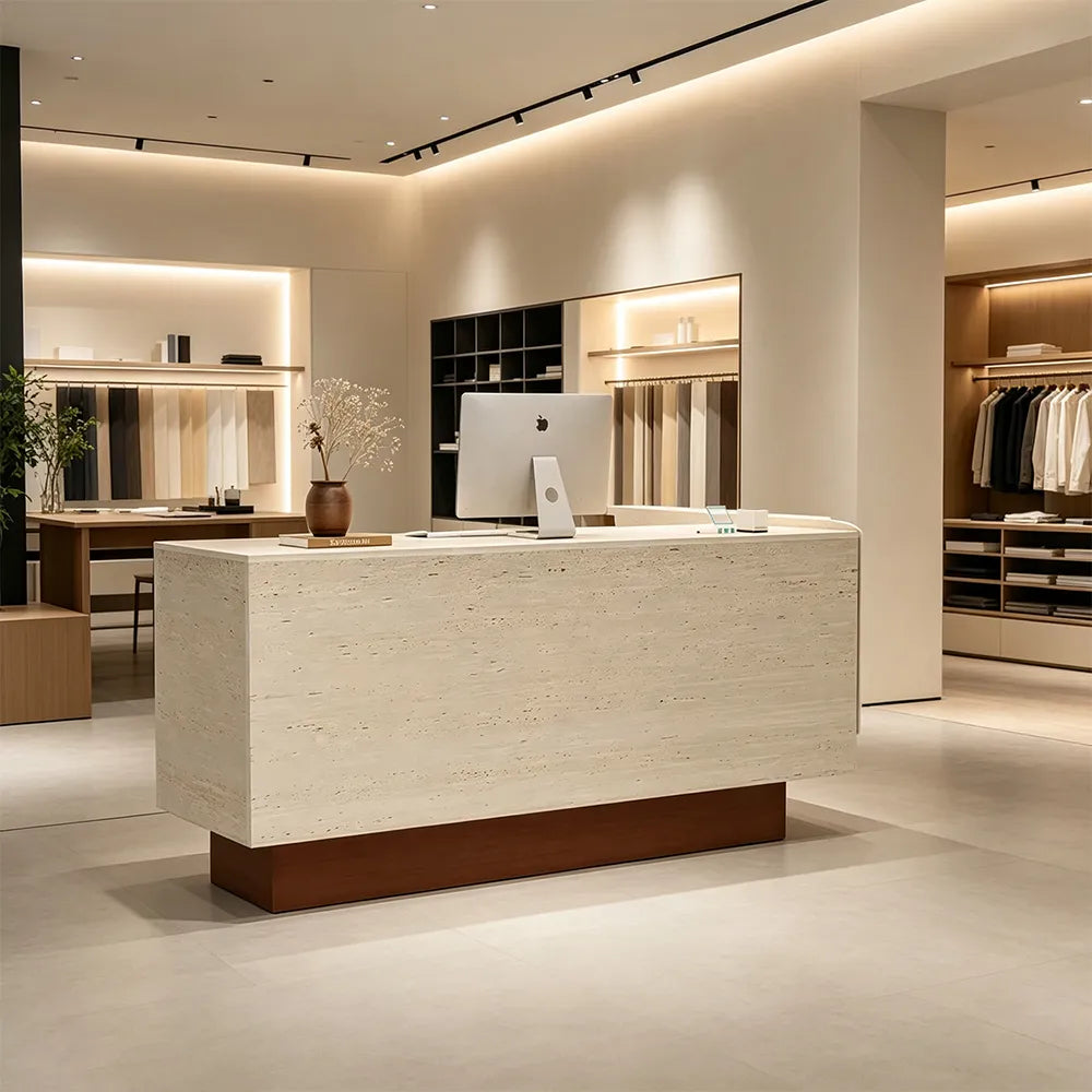 LIVARA 120/180cm Reception Counter with Multi-Compartment Storage for Retail Store and Salon - Travertine & Wood Base