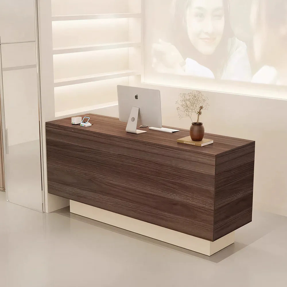 LIVARA 120/180cm Reception Counter with Multi-Compartment Storage for Retail Store and Salon - Walnut & Cream Base