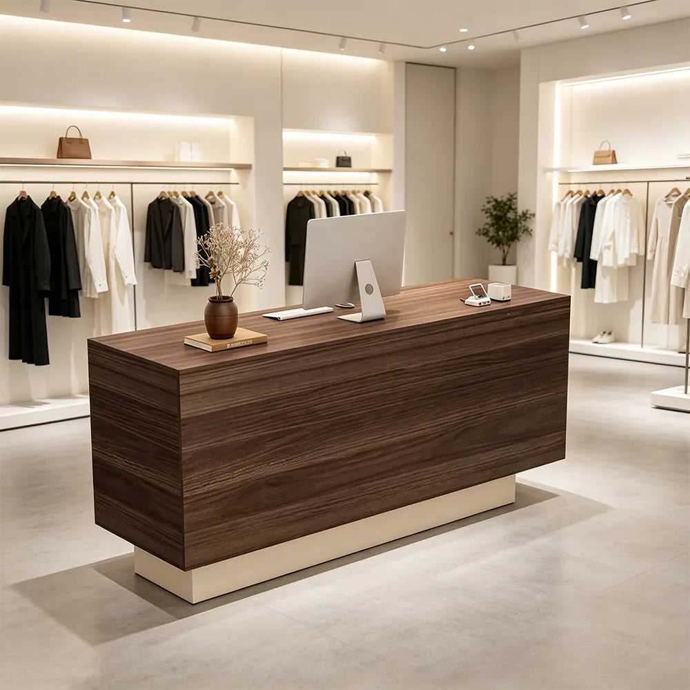 LIVARA 120/180cm Reception Counter with Multi-Compartment Storage for Retail Store and Salon - Walnut & Cream Base