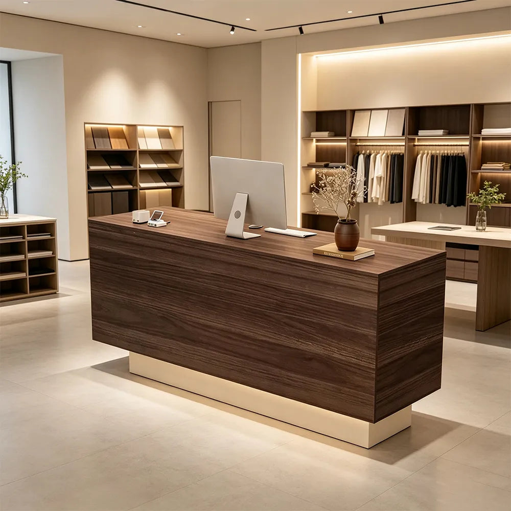 LIVARA 120/180cm Reception Counter with Multi-Compartment Storage for Retail Store and Salon - Walnut & Cream Base