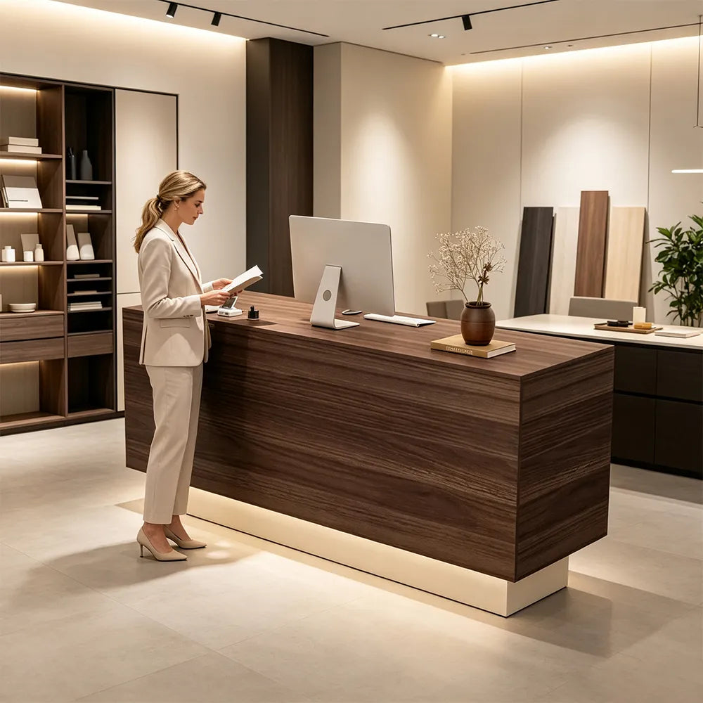 LIVARA 120/180cm Reception Counter with Multi-Compartment Storage for Retail Store and Salon - Walnut & Cream Base