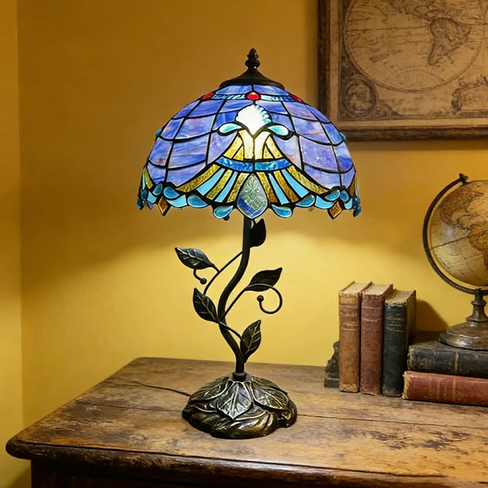 LIVARA Tiffany Stained Glass Table Lamp Pull Chain Switch 30x45cm for Bedroom Living Room Study - Blue