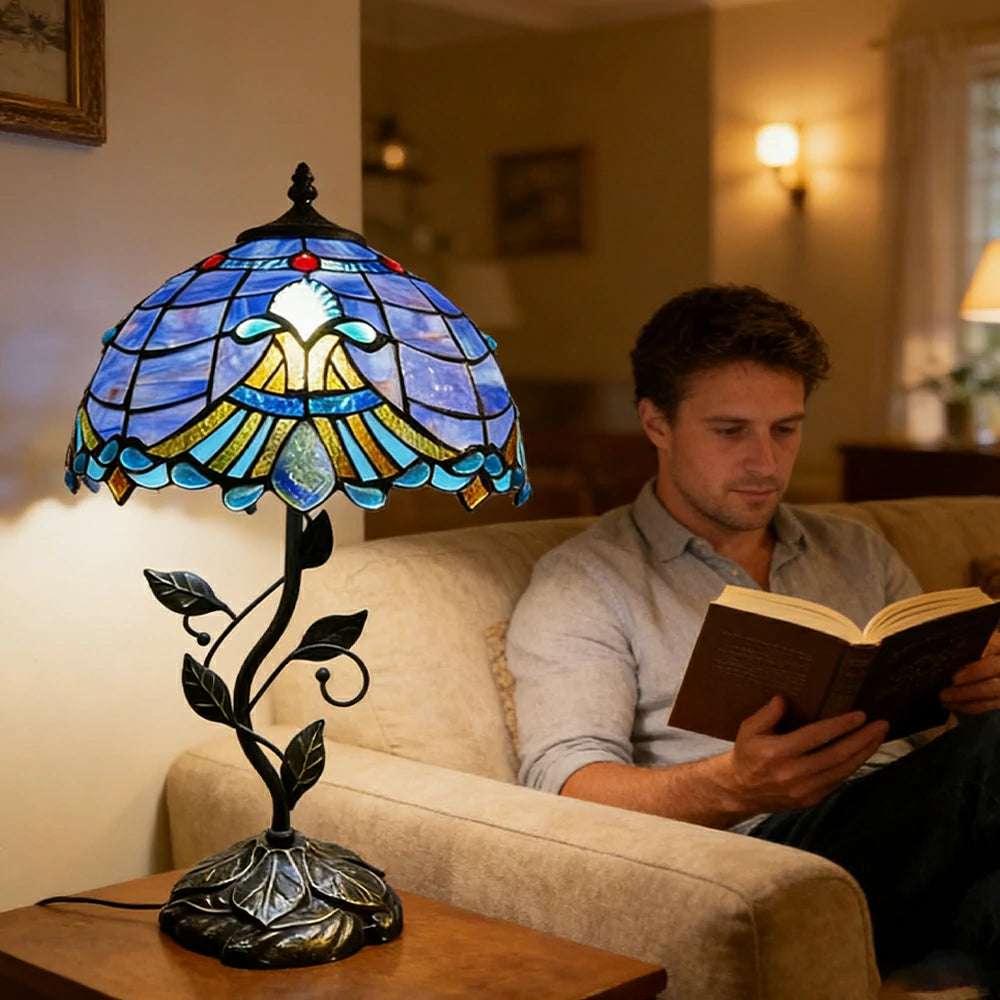 LIVARA Tiffany Stained Glass Table Lamp Pull Chain Switch 30x45cm for Bedroom Living Room Study - Blue