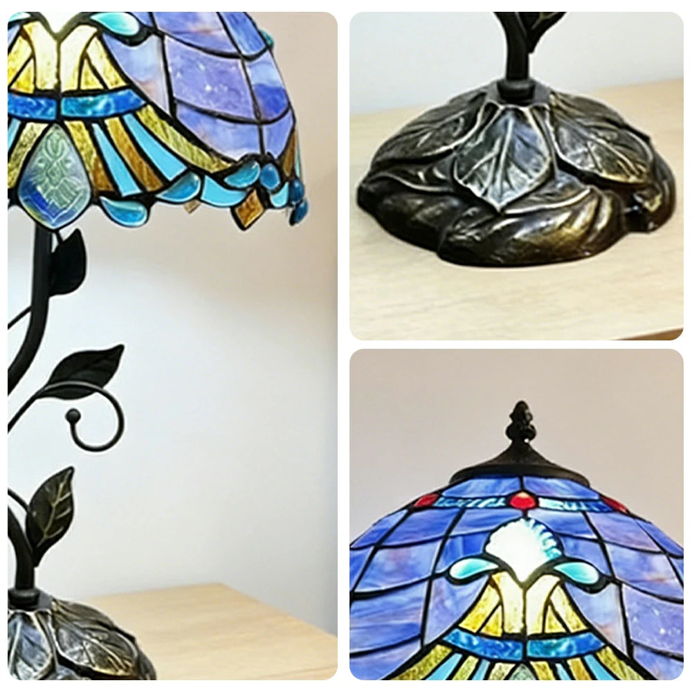 LIVARA Tiffany Stained Glass Table Lamp Pull Chain Switch 30x45cm for Bedroom Living Room Study - Blue