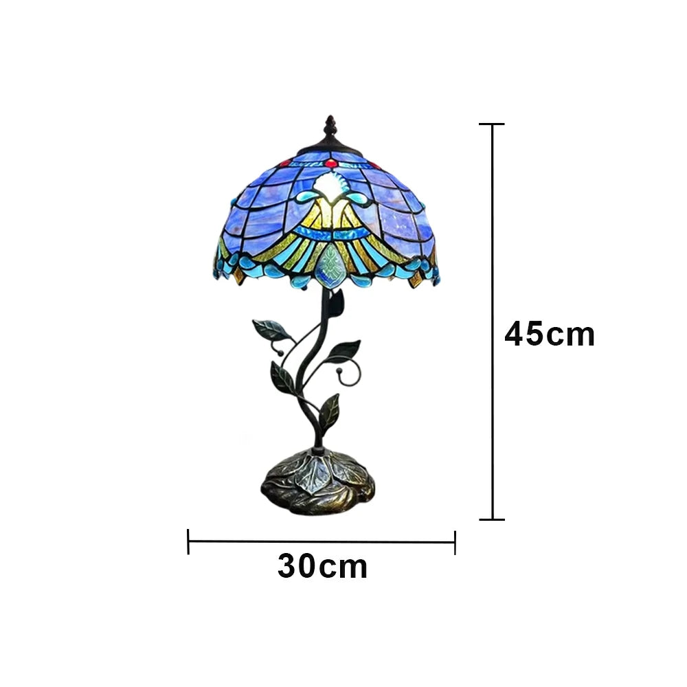 LIVARA Tiffany Stained Glass Table Lamp Pull Chain Switch 30x45cm for Bedroom Living Room Study - Blue