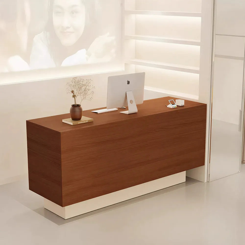 LIVARA 120/180cm Reception Counter with Multi-Compartment Storage for Retail Store and Salon - Wood & Cream Base