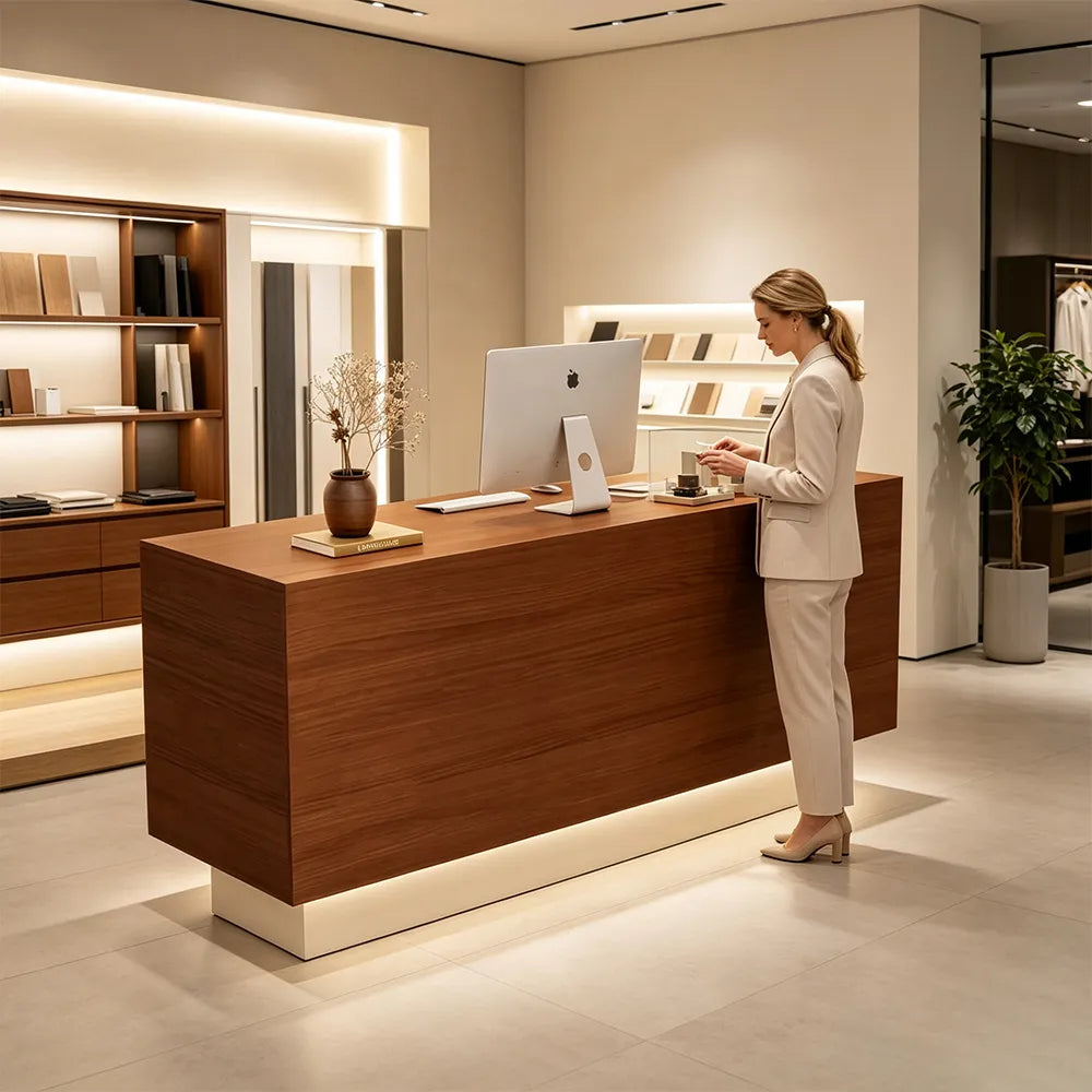 LIVARA 120/180cm Reception Counter with Multi-Compartment Storage for Retail Store and Salon - Wood & Cream Base