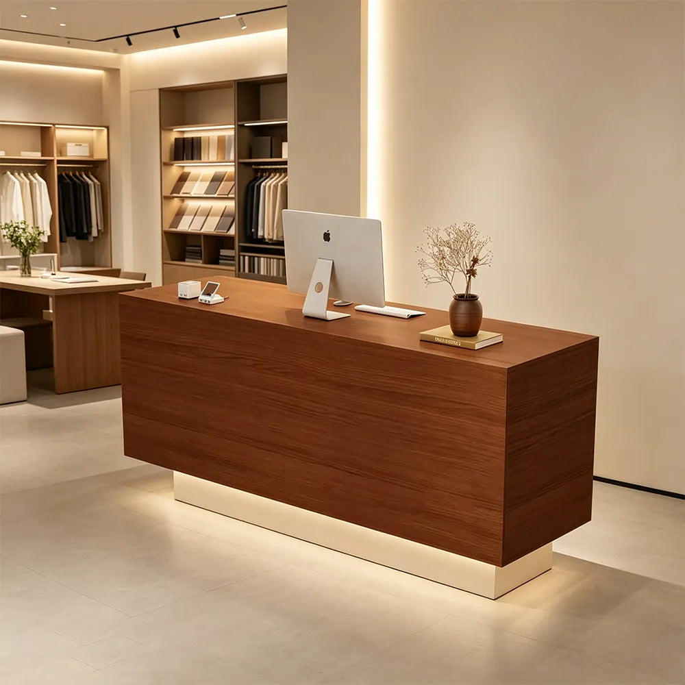 LIVARA 120/180cm Reception Counter with Multi-Compartment Storage for Retail Store and Salon - Wood & Cream Base
