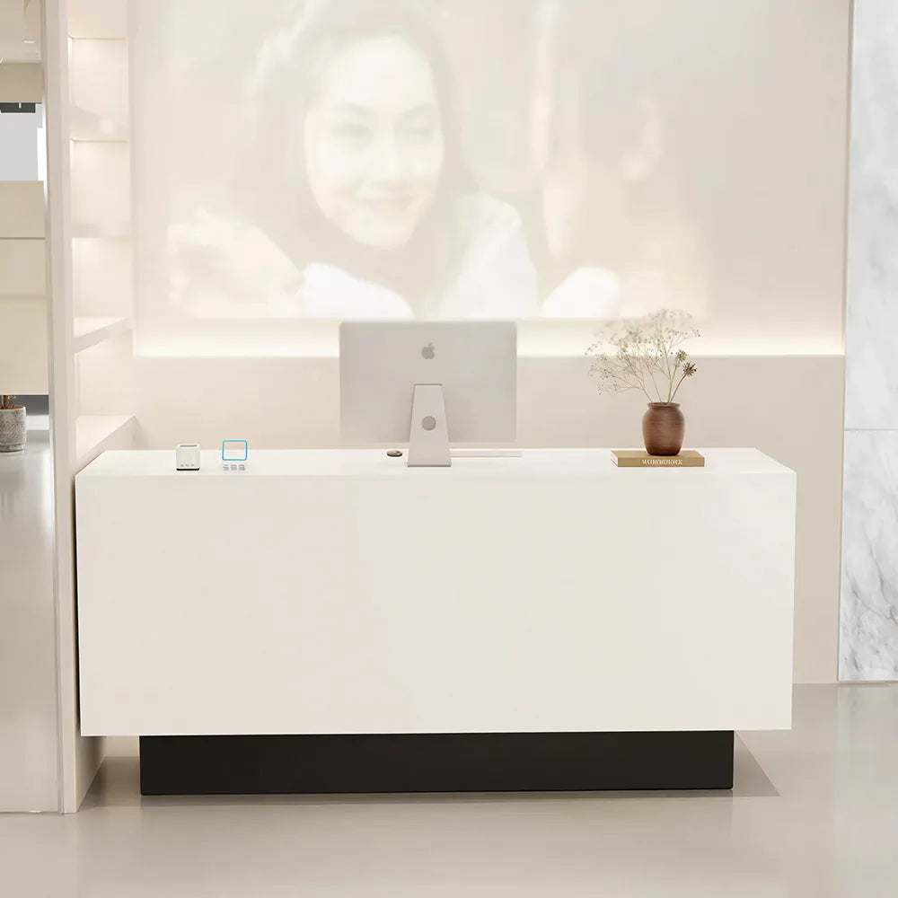 LIVARA 120/180cm Reception Counter with Multi-Compartment Storage for Retail Store and Salon - White & Black Base