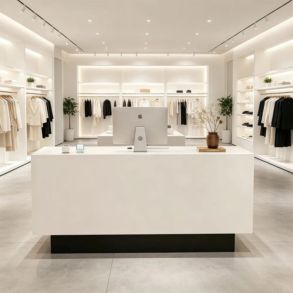 LIVARA 120/180cm Reception Counter with Multi-Compartment Storage for Retail Store and Salon - White & Black Base