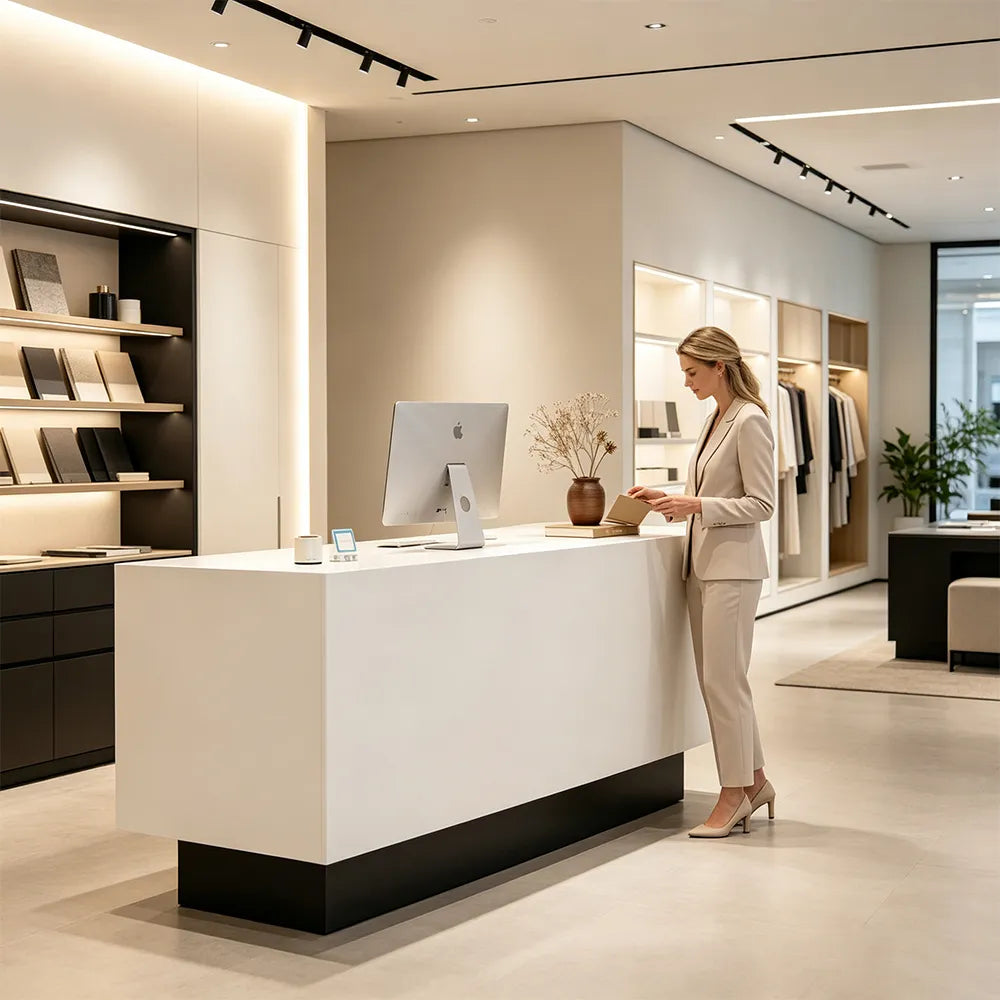 LIVARA 120/180cm Reception Counter with Multi-Compartment Storage for Retail Store and Salon - White & Black Base