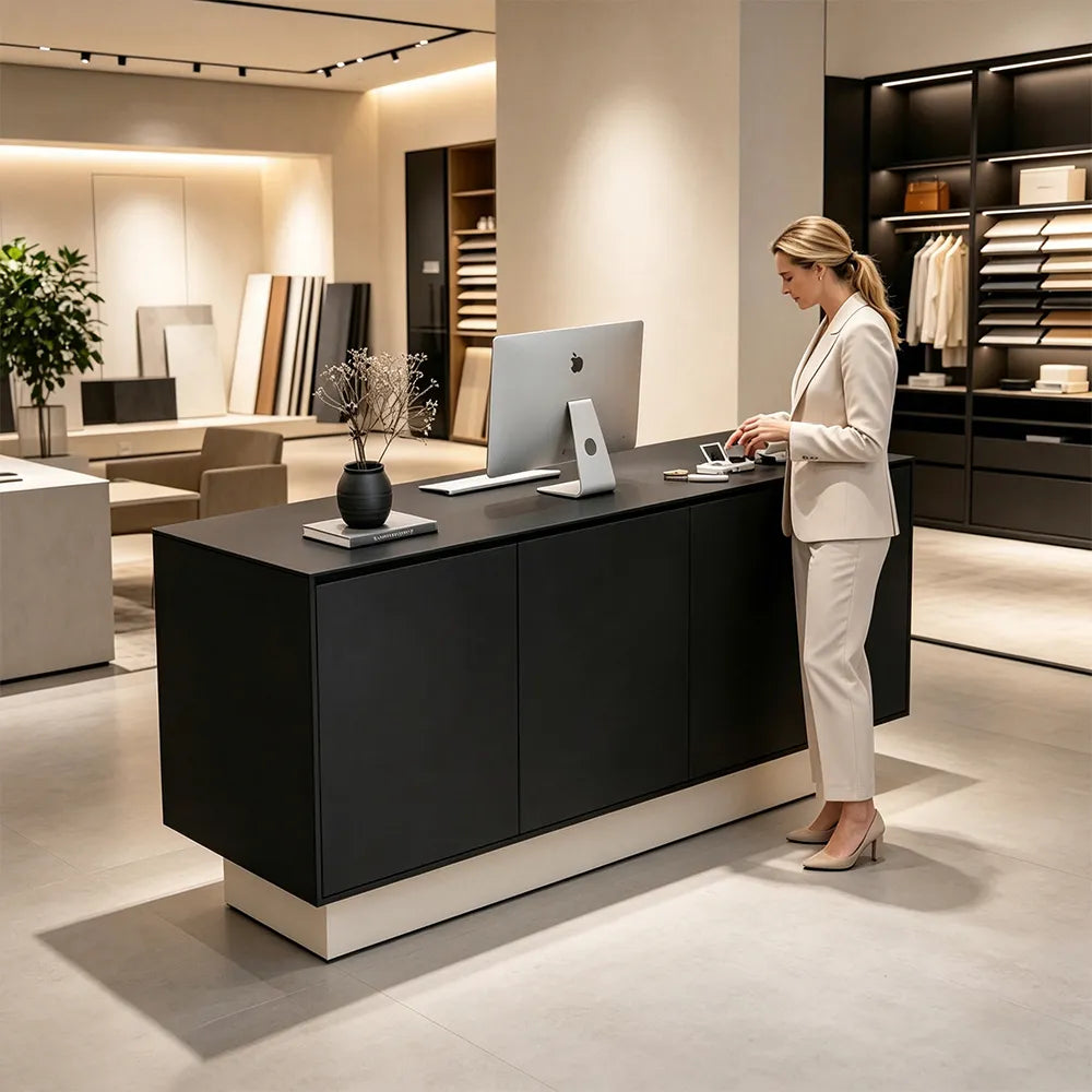 LIVARA 120/180cm Reception Counter with Multi-Compartment Storage for Retail Store and Salon - Black & White Base