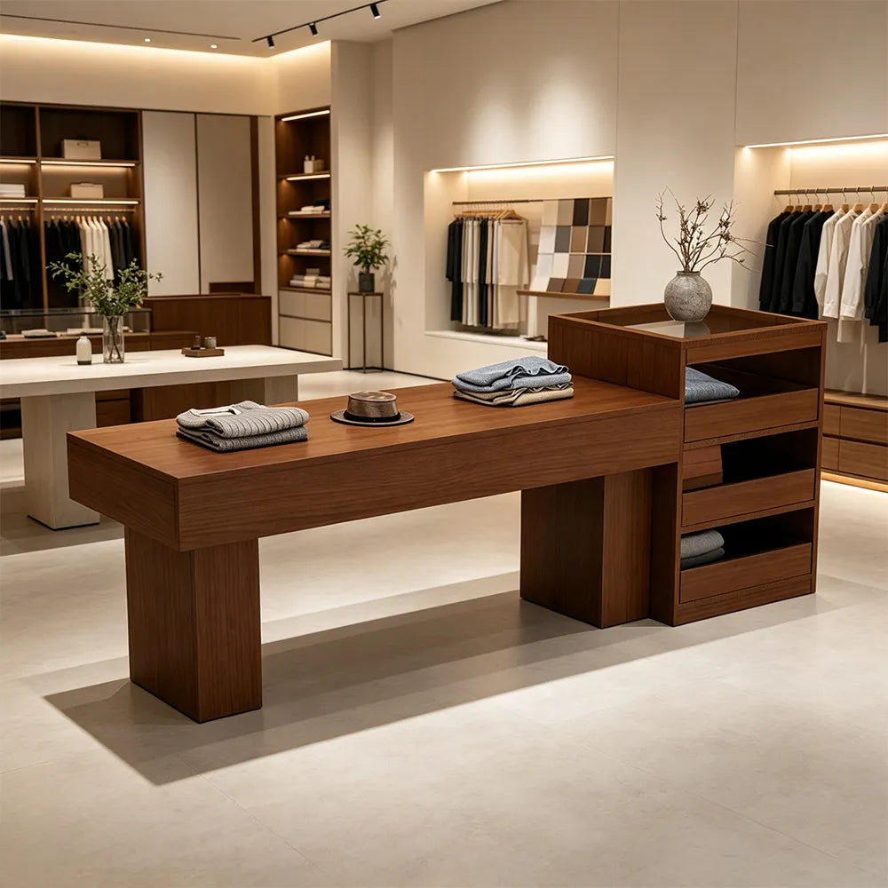 LIVARA 120/180cm Retail Island Display Table with Multi-Drawer Storage for Clothing Store - Walnut