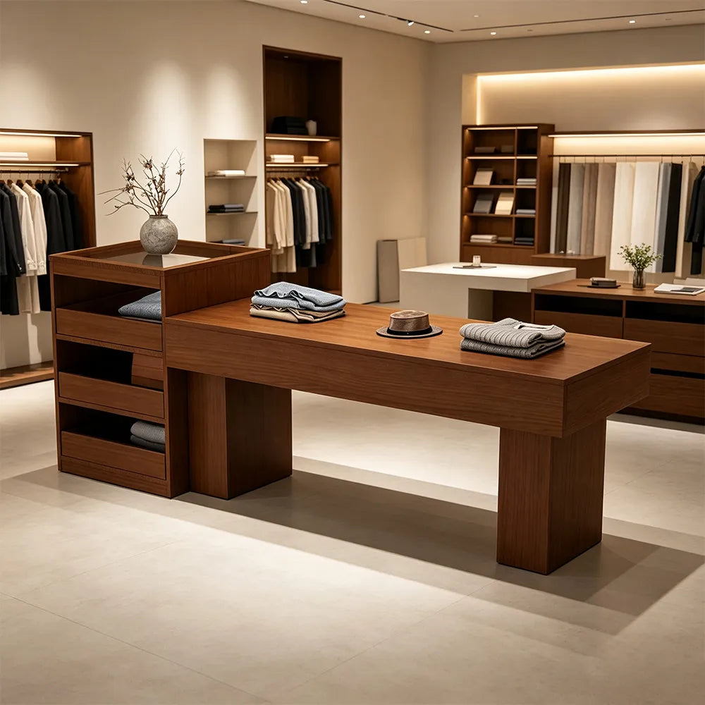 LIVARA 120/180cm Retail Island Display Table with Multi-Drawer Storage for Clothing Store - Walnut