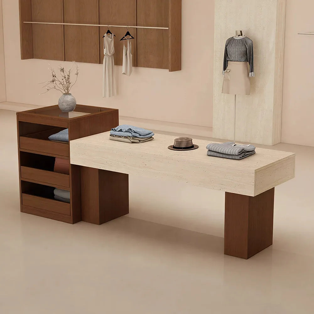 LIVARA 120/180cm Retail Island Display Table with Multi-Drawer Storage for Clothing Store - Walnut & Travertine