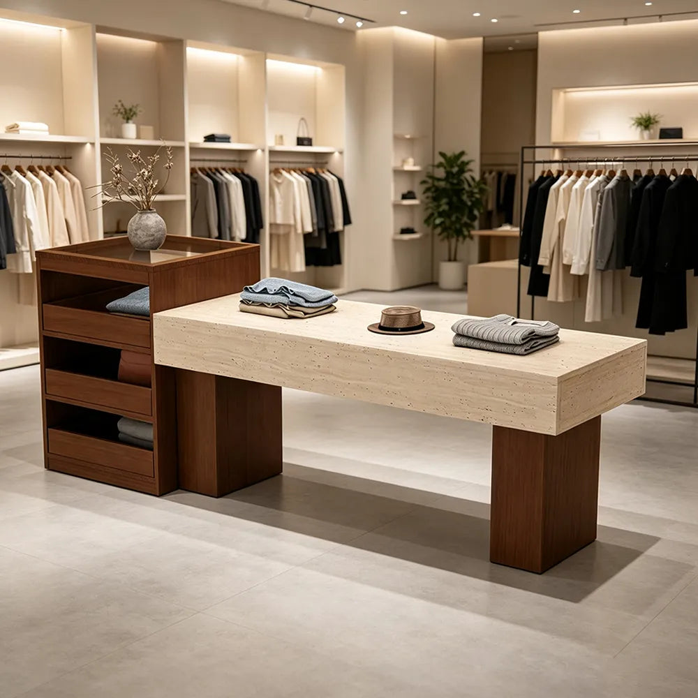 LIVARA 120/180cm Retail Island Display Table with Multi-Drawer Storage for Clothing Store - Walnut & Travertine