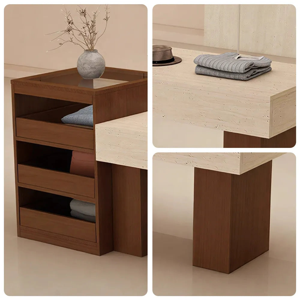 LIVARA 120/180cm Retail Island Display Table with Multi-Drawer Storage for Clothing Store - Walnut & Travertine