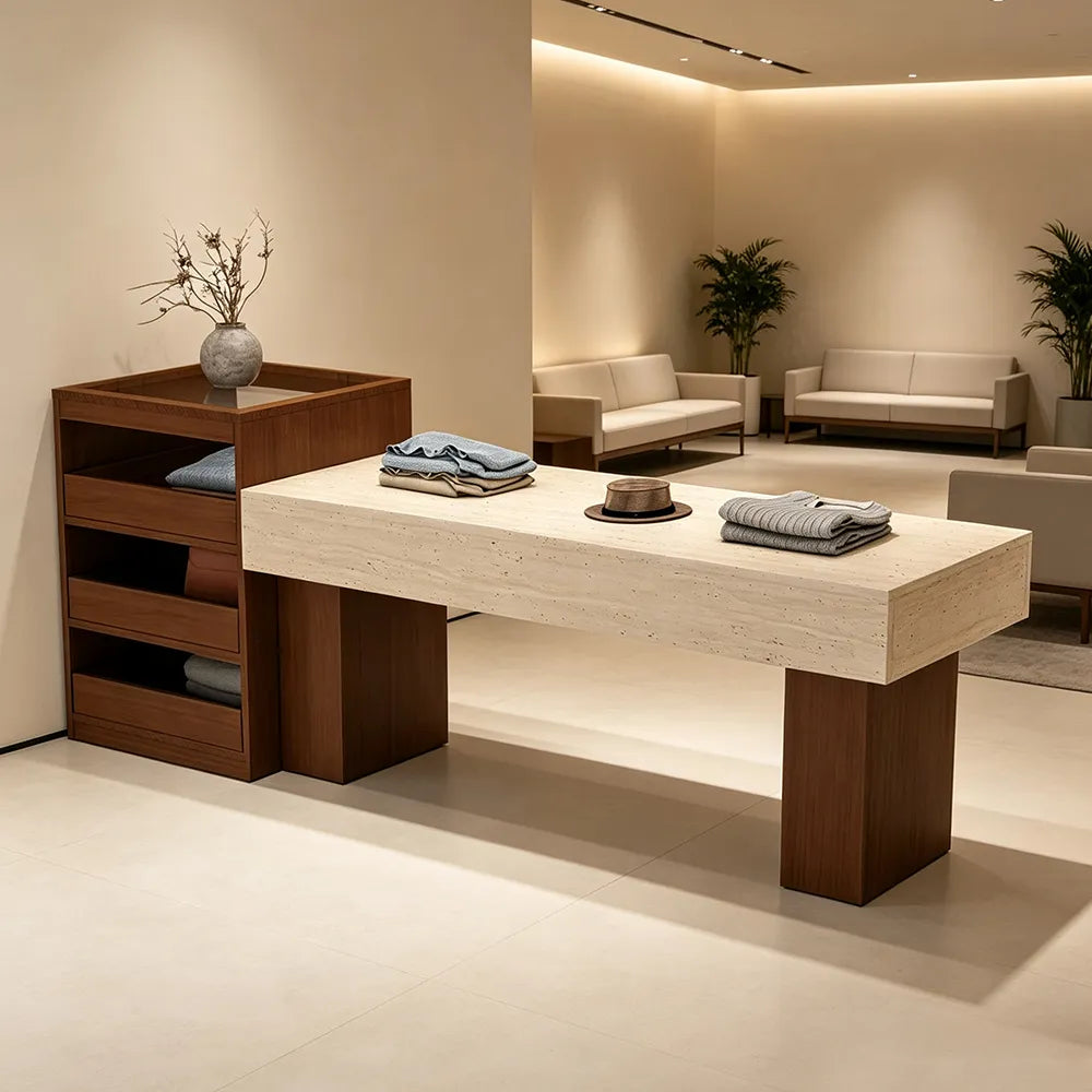 LIVARA 120/180cm Retail Island Display Table with Multi-Drawer Storage for Clothing Store - Walnut & Travertine