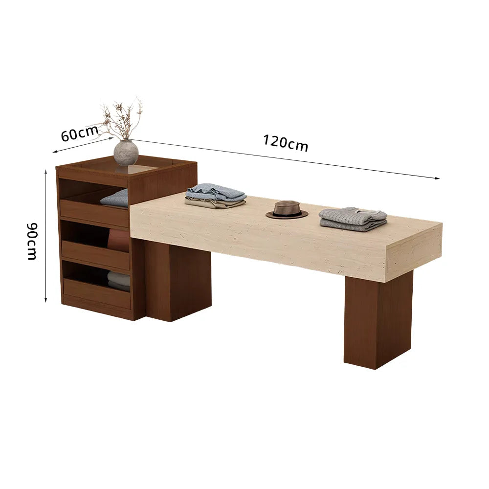 LIVARA 120/180cm Retail Island Display Table with Multi-Drawer Storage for Clothing Store - Walnut & Travertine