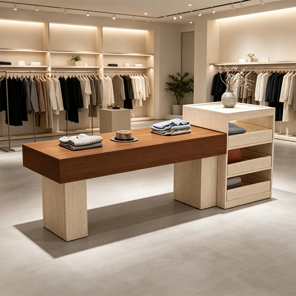 LIVARA 120/180cm Retail Island Display Table with Multi-Drawer Storage for Clothing Store - Travertine & Walnut