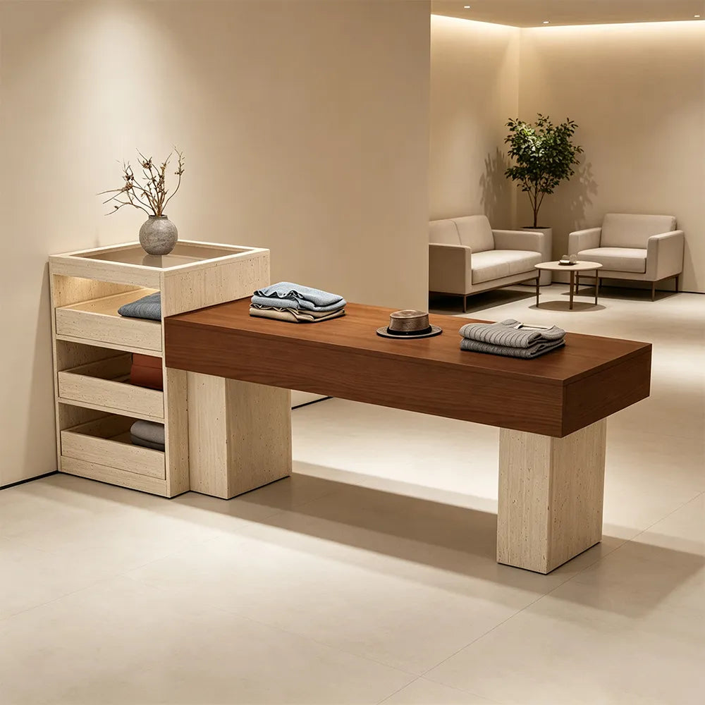 LIVARA 120/180cm Retail Island Display Table with Multi-Drawer Storage for Clothing Store - Travertine & Walnut