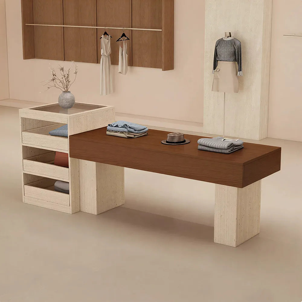 LIVARA 120/180cm Retail Island Display Table with Multi-Drawer Storage for Clothing Store - Travertine & Walnut