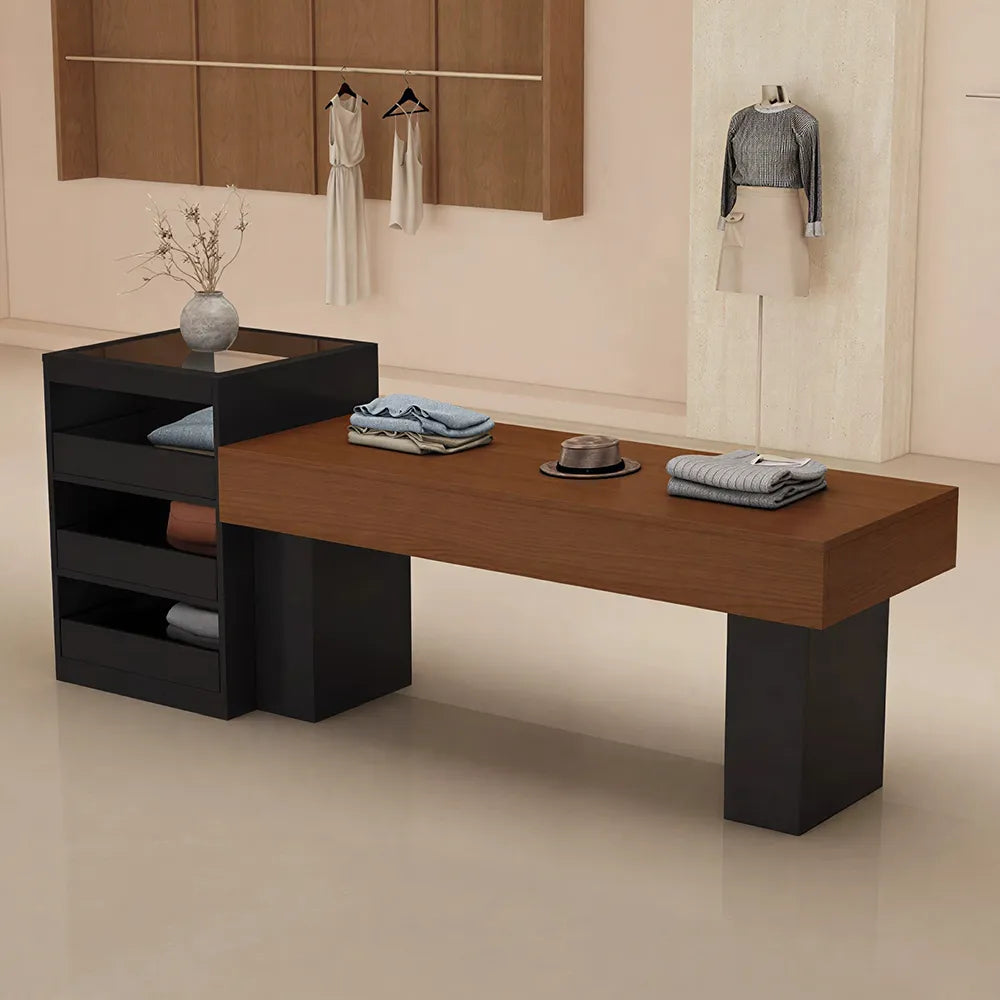 LIVARA 120/180cm Retail Island Display Table with Multi-Drawer Storage for Clothing Store - Black & Walnut