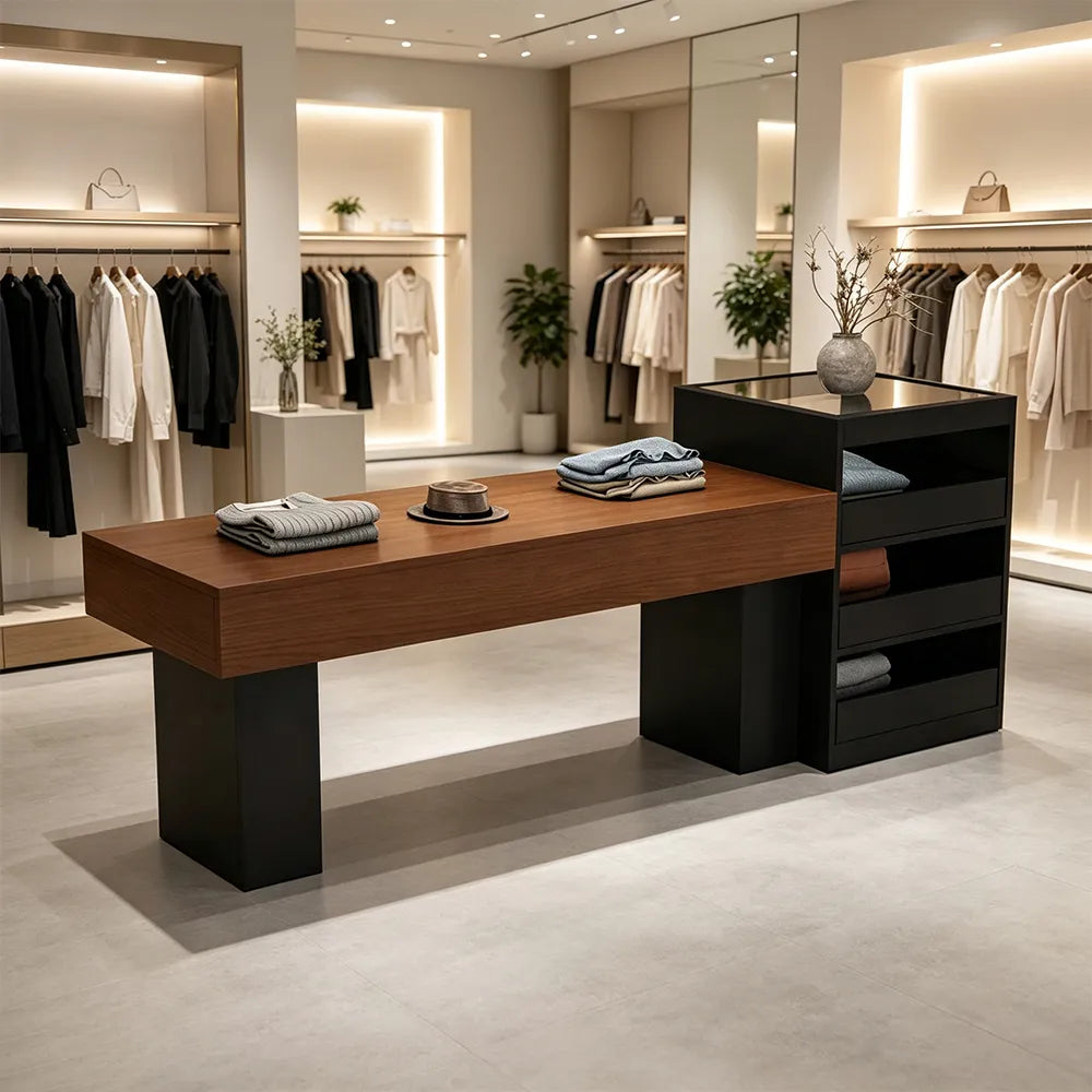 LIVARA 120/180cm Retail Island Display Table with Multi-Drawer Storage for Clothing Store - Black & Walnut
