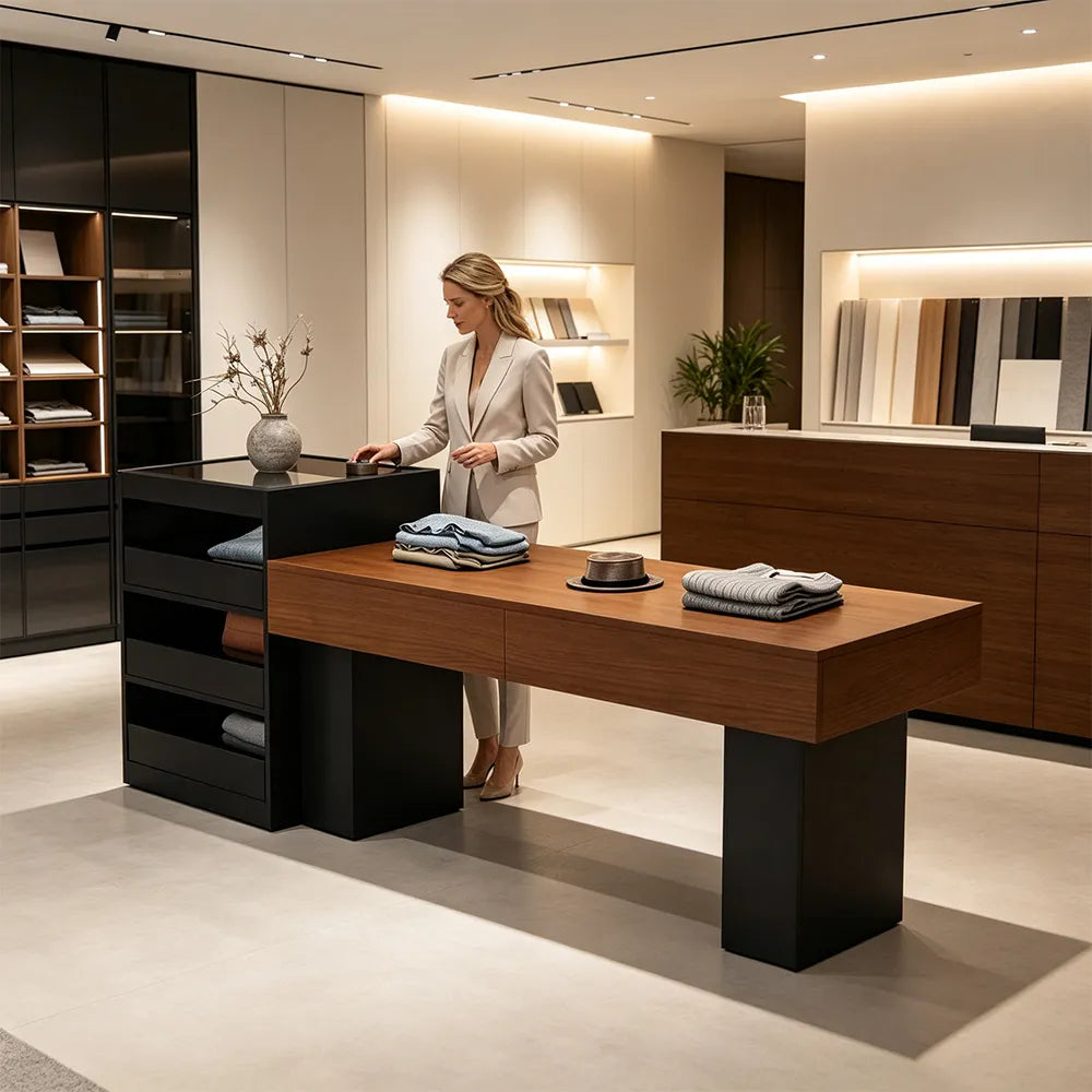 LIVARA 120/180cm Retail Island Display Table with Multi-Drawer Storage for Clothing Store - Black & Walnut