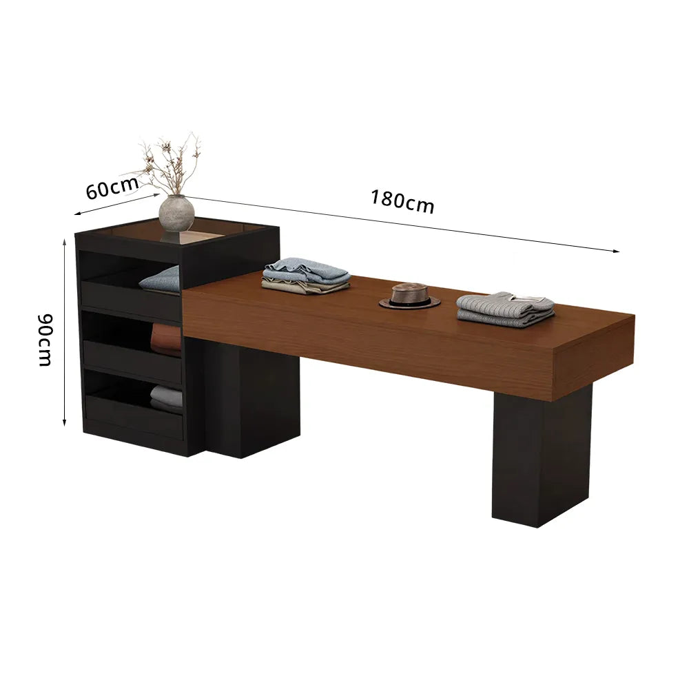 LIVARA 120/180cm Retail Island Display Table with Multi-Drawer Storage for Clothing Store - Black & Walnut
