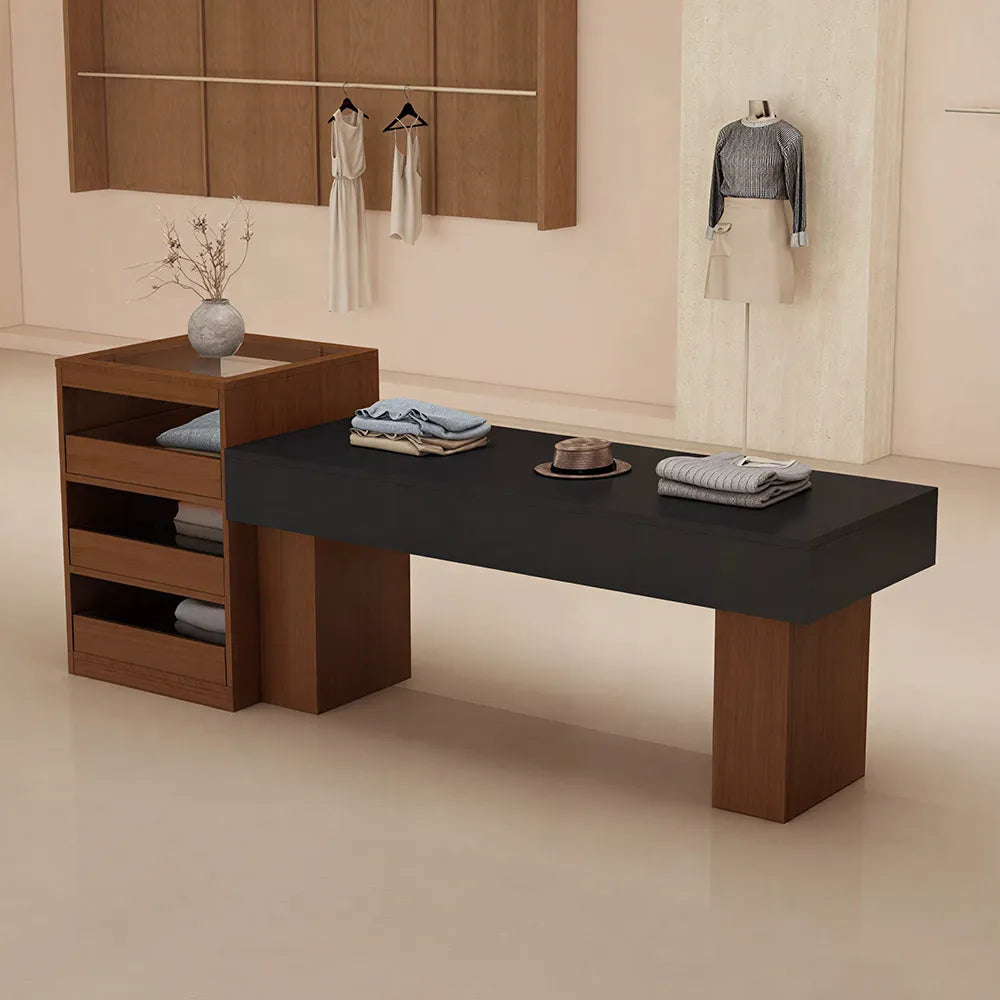 LIVARA 120/180cm Retail Island Display Table with Multi-Drawer Storage for Clothing Store - Walnut & Black