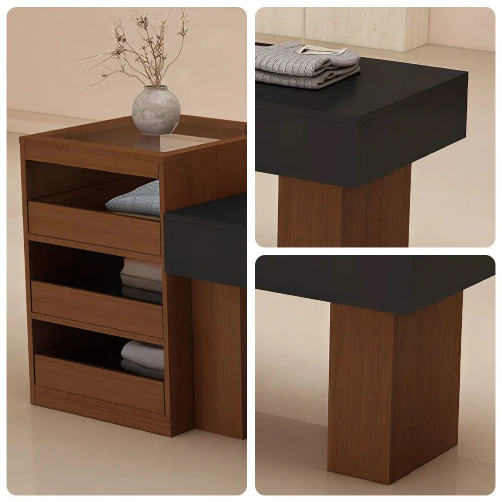 LIVARA 120/180cm Retail Island Display Table with Multi-Drawer Storage for Clothing Store - Walnut & Black