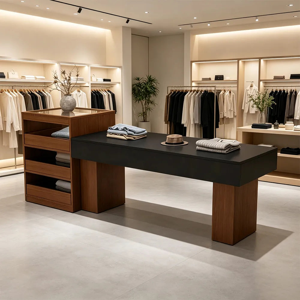 LIVARA 120/180cm Retail Island Display Table with Multi-Drawer Storage for Clothing Store - Walnut & Black