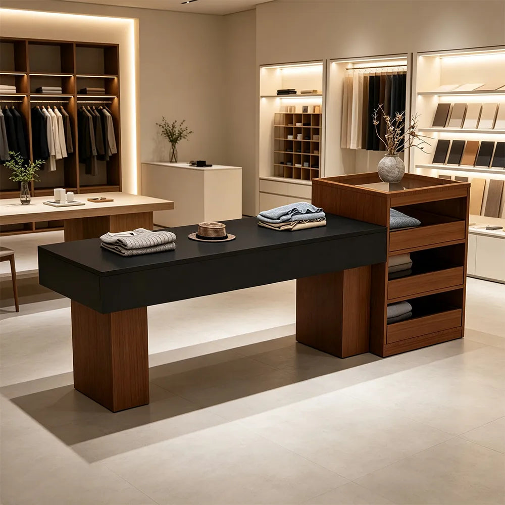 LIVARA 120/180cm Retail Island Display Table with Multi-Drawer Storage for Clothing Store - Walnut & Black