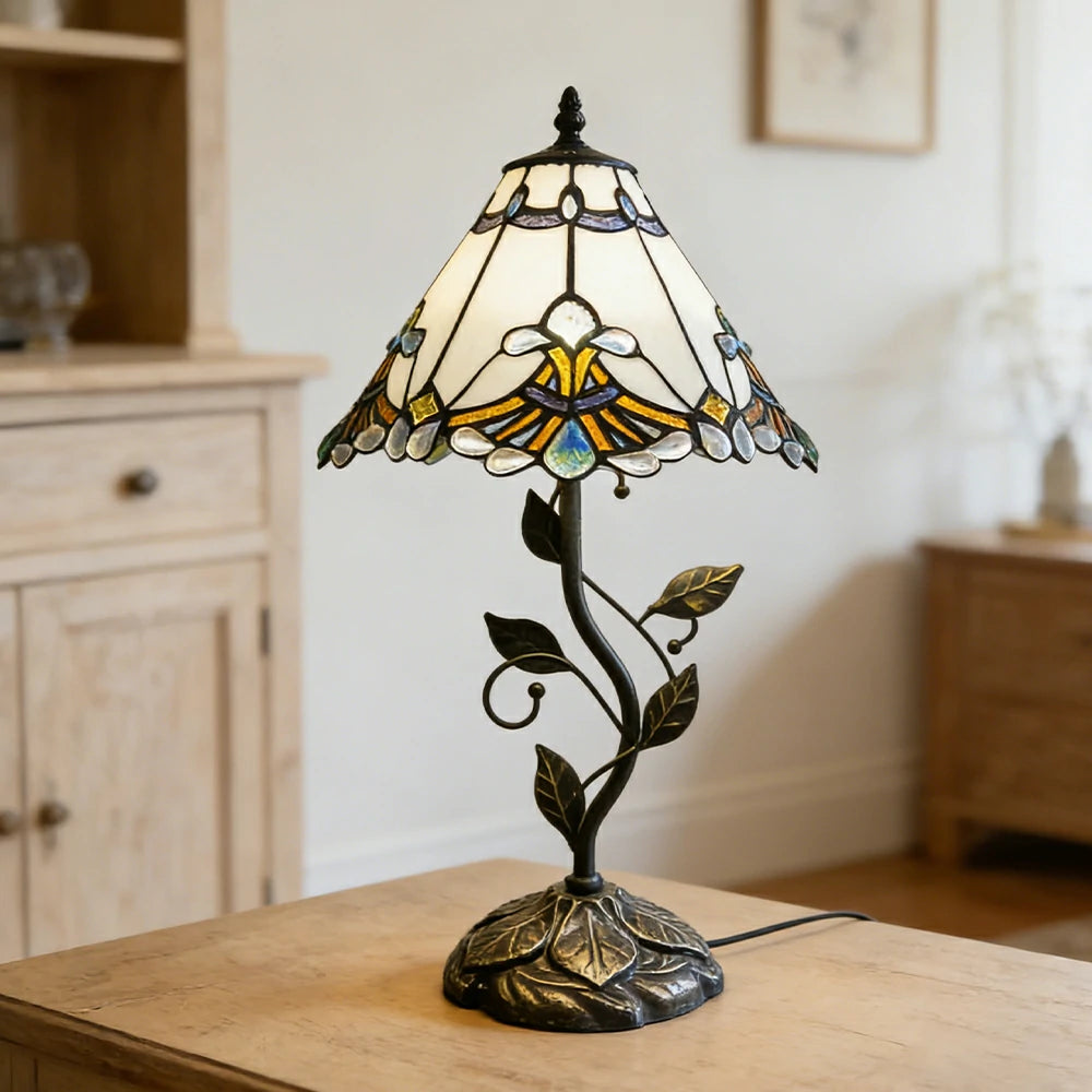 LIVARA Tiffany Stained Glass Table Lamp Pull Chain Switch 30x45cm for Bedroom Living Room Study - White