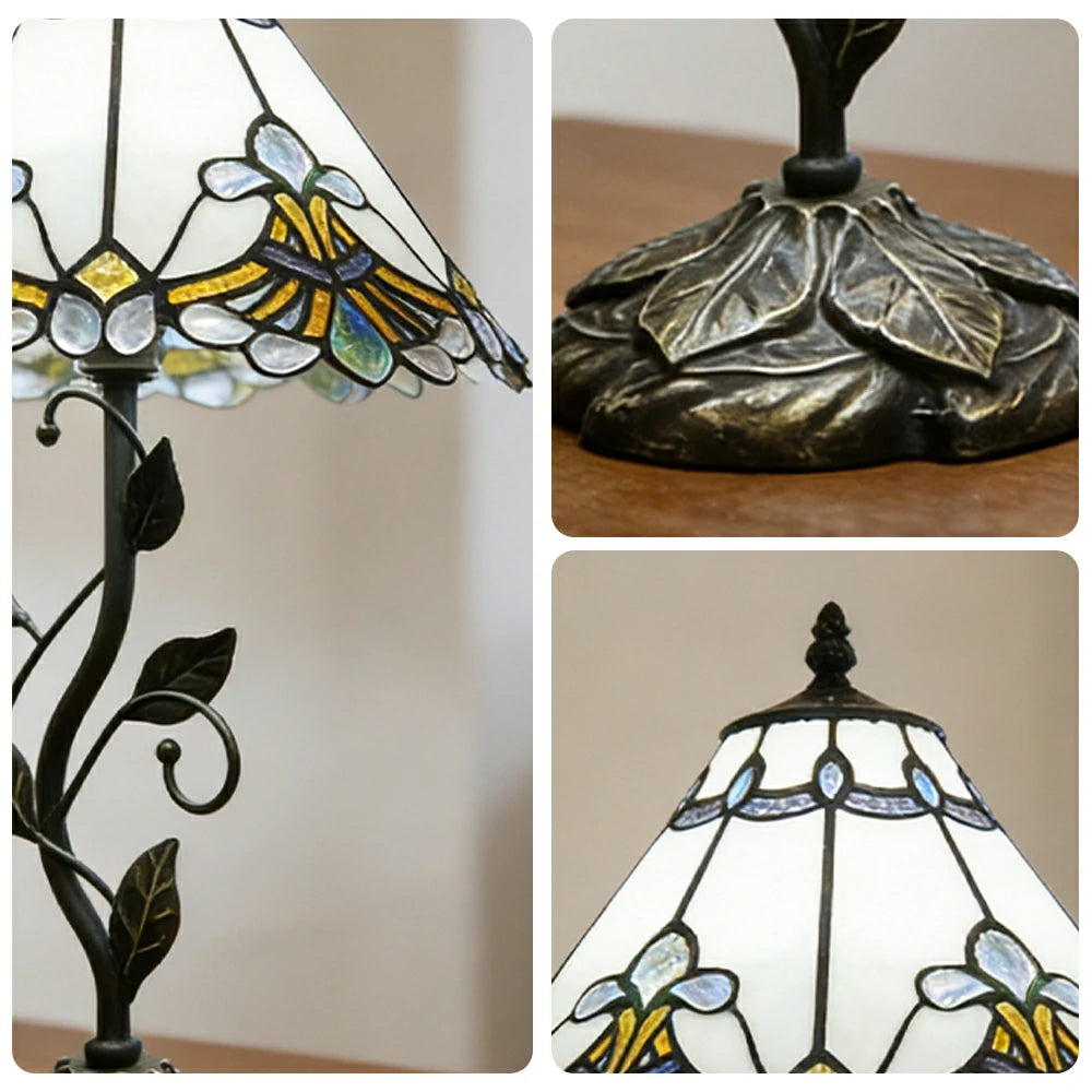 LIVARA Tiffany Stained Glass Table Lamp Pull Chain Switch 30x45cm for Bedroom Living Room Study - White