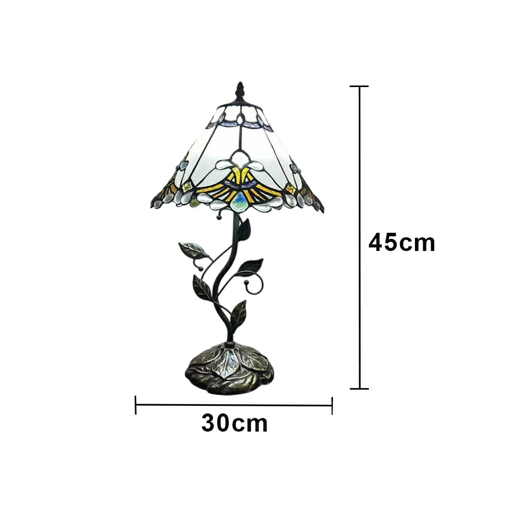 LIVARA Tiffany Stained Glass Table Lamp Pull Chain Switch 30x45cm for Bedroom Living Room Study - White